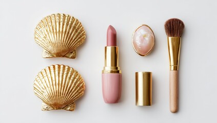 Pink lipstick, shells, and makeup brushes
