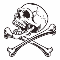 Skull with open mouth and crossed bones in black and white illustration human skull skeleton