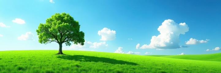 Fototapeta premium Lonely tree in expansive blue sky, green field stretches to horizon , landscape, photo, graphic