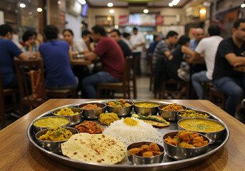 A vibrant and elaborate Indian thali platter served in a bustling, traditional restaurant setting.