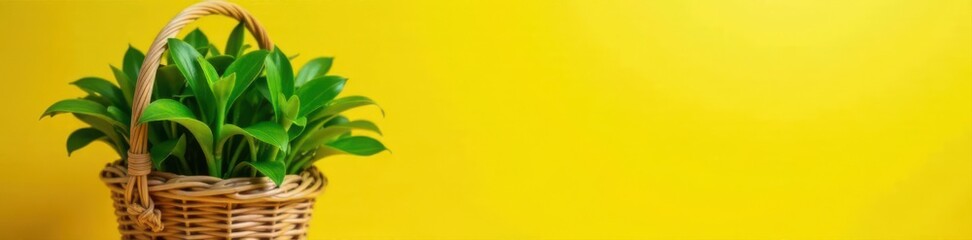 Obraz premium Lush green plant in wicker basket, sunny yellow backdrop , greenery, foliage