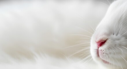A serene macro photograph capturing the delicate pink nose and sensitive whiskers of a fluffy white rabbit