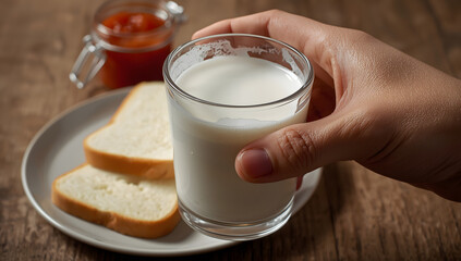 A hand holding a glass of milk, alongside slices of bread and a jar of jam on a wooden table.