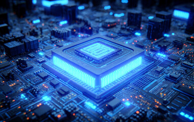 Close-up view of a modern computer microprocessor with blue lights