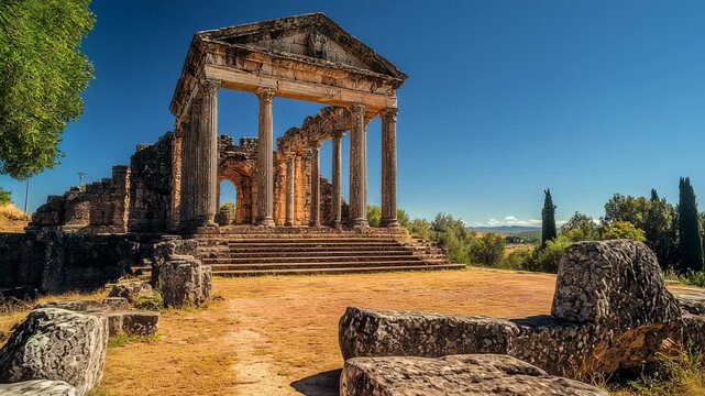 Ancient Roman Temple Ruins of Dougga in Tunisia, an Archaeological Site