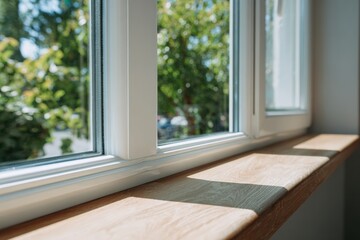 Fototapeta premium Sunny windowsill with wooden ledge