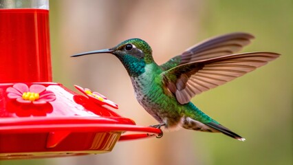 Fototapeta premium Colorful hummingbird feeding at nectar feeder in a lush garden during a sunny afternoon