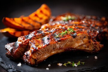 Grilled ribs and sweet potato wedges