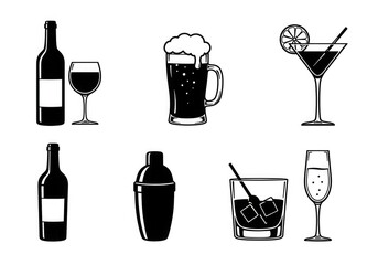 A collection of black and white vector icons depicting various alcoholic drinks like wine, beer, and cocktails, along with bar accessories.