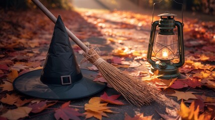 Mysterious witch hat and broom rest among vibrant autumn leaves beside a glowing lantern, creating an enchanting Halloween scene