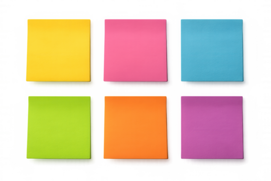 Multicolored adhesive notes scattered randomly, creating bright workspace organization with clear background for writing personal notes