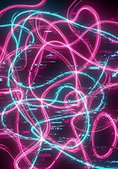 Vibrant intertwined neon lights with glitchy digital disruptions