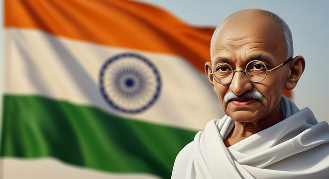 A portrait of Mahatma Gandhi in white shawl with the Indian flag in the background, 4K and HD image