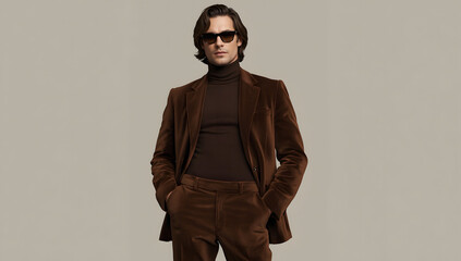 Obraz premium A man in a brown corduroy suit and sunglasses stands with hands in pockets against a neutral background.