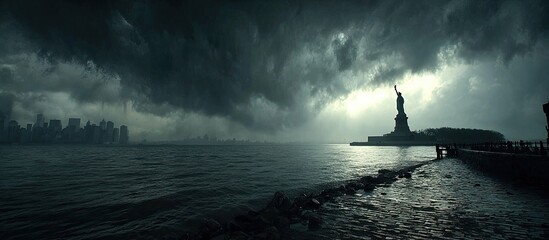 Stormy NYC skyline, Statue of Liberty under ominous clouds