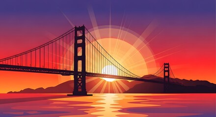 Obraz premium Stunning Golden Gate Bridge silhouette at vibrant sunset over calm water with sunburst effect, capturing iconic travel and landmark beauty