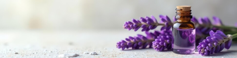 Lavender oil bottle, fresh blooms, light stone surface, relaxation, photography, vibrant