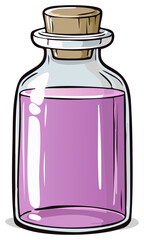 Glass potion bottle filled with purple liquid and cork stopper illustration