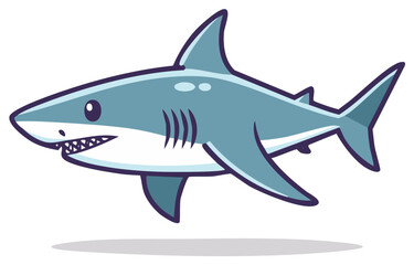 Obraz premium Cute cartoon shark illustration with sharp teeth and big eyes, swimming in the ocean, simple clean design
