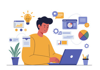 Naklejka premium Energetic designer brainstorms innovative project ideas, analyzing data and charts on laptop with glowing lightbulb inspiration. Flat style illustration