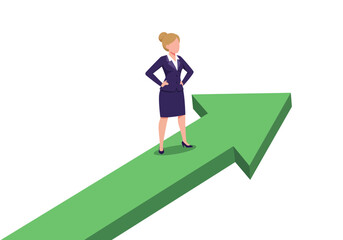 Fototapeta premium Confident businesswoman stands proudly on a rising green arrow symbolizing growth and success in her career journey. Flat style illustration