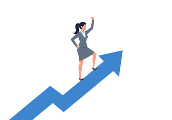 Obraz premium Confident businesswoman triumphs, ascending a vibrant blue arrow symbolizing growth and success in a dynamic career journey. Flat style illustration