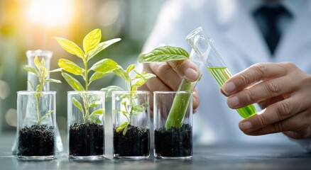 Scientist pouring liquid into test tubes with plants