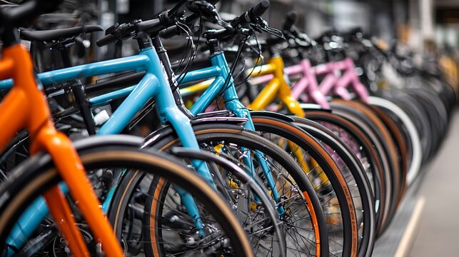 Row of various modern bicycles neatly displayed in a bike shop.