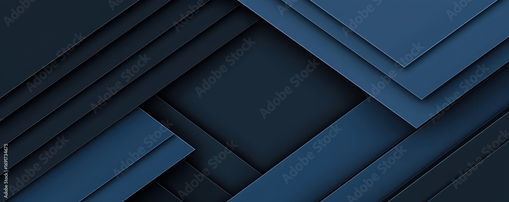 Poster a modern abstract design featuring layered geometric shapes in shades of blue and dark tones, creati