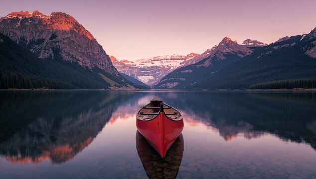 Vibrant red canoe serene lake reflection majestic mountains sunset tranquil nature scenery