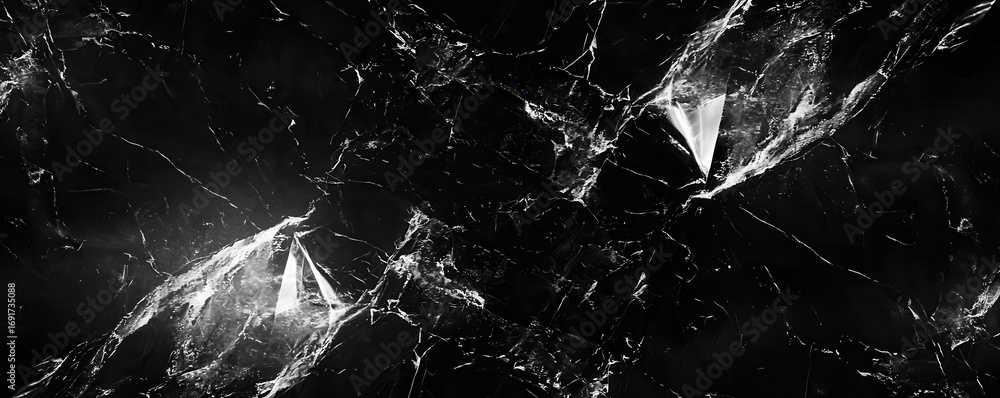 Poster a striking black marble surface with white veining, featuring sharp, angular crystal-like structures