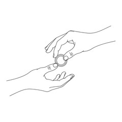 Minimalist Line Drawing of Two Hands Passing a Coin in Black and White