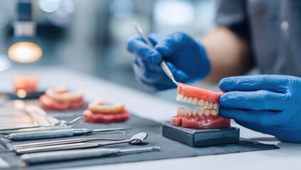 Dentist examining dental model (1)