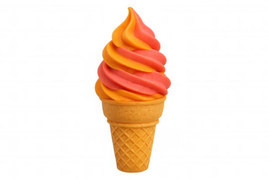 Refreshing two-tone soft serve ice cream swirling in a crispy waffle cone, isolated on a transparent background