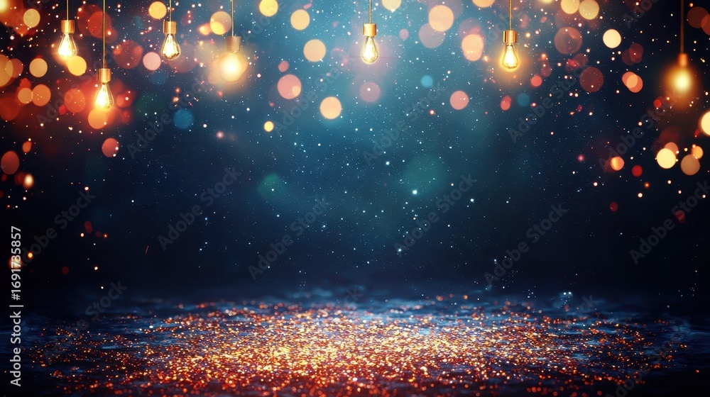 Poster a mesmerizing display of hanging lights and shimmering particles against a dark backdrop, creating a