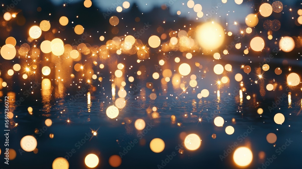 Poster a shimmering display of bokeh lights reflecting on water, creating a magical and dreamy atmosphere.