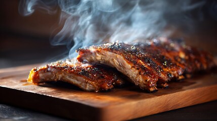 Succulent barbecue ribs on cutting board with steam rising.
