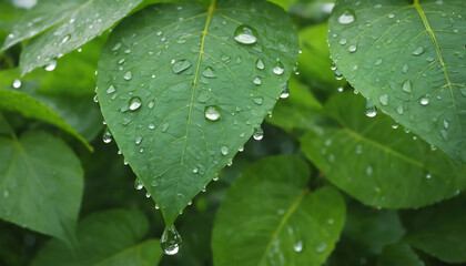 Raindrops near green leaves