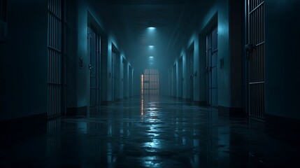 The chilling, blue-hued image of a prison corridor at night, with closed cells on either side, conveys a feeling of solitude.