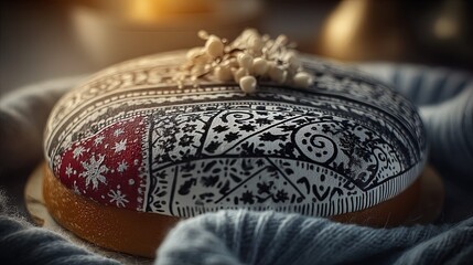 Naklejka premium high angle photo of a bohemian round cake with cute Christmas hygge pattern painted on top, winter vibes, fashion, Christmas colors
