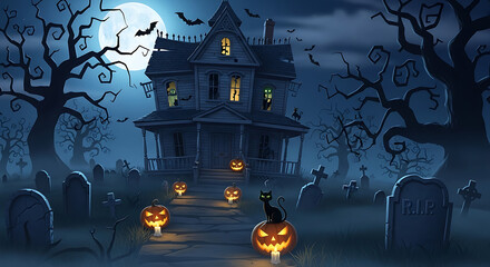 A spooky haunted house towering over a graveyard with glowing pumpkins and a full moon, 4K and HD image