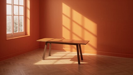 Fototapeta premium Warm natural light streams through a window illuminating a simple wooden table in a cozy room