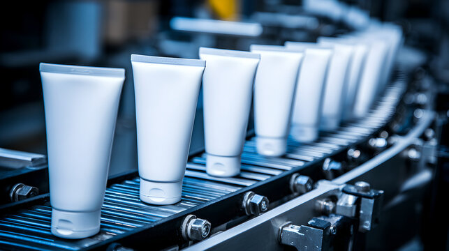 White cosmetic tubes on a moving conveyor belt in a factory, in a perfect, neat line.
