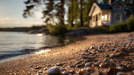 Fototapeta premium Lake shore with cabin background, golden hour sunset