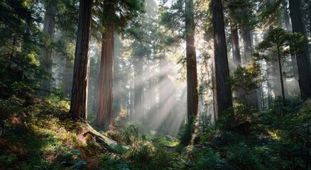 Sunlight streams through redwood forest (2)
