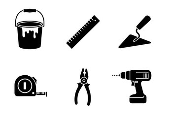 Set of construction tools, including paint bucket, ruler, trowel, measuring tape, pliers, and electric drill.