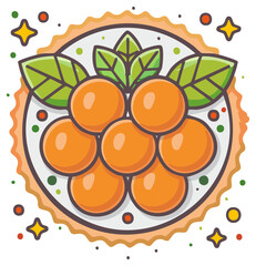 Colorful cartoon illustration of a fruit tart, decorated with leaves and berries, festive design
