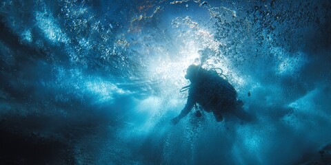 Underwater diver silhouette in sunlit waves