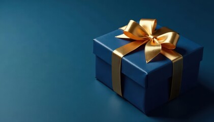 Obraz premium Elegant dark blue gift box with gold ribbon Luxury birthday present Copy space , birthday, luxury, details