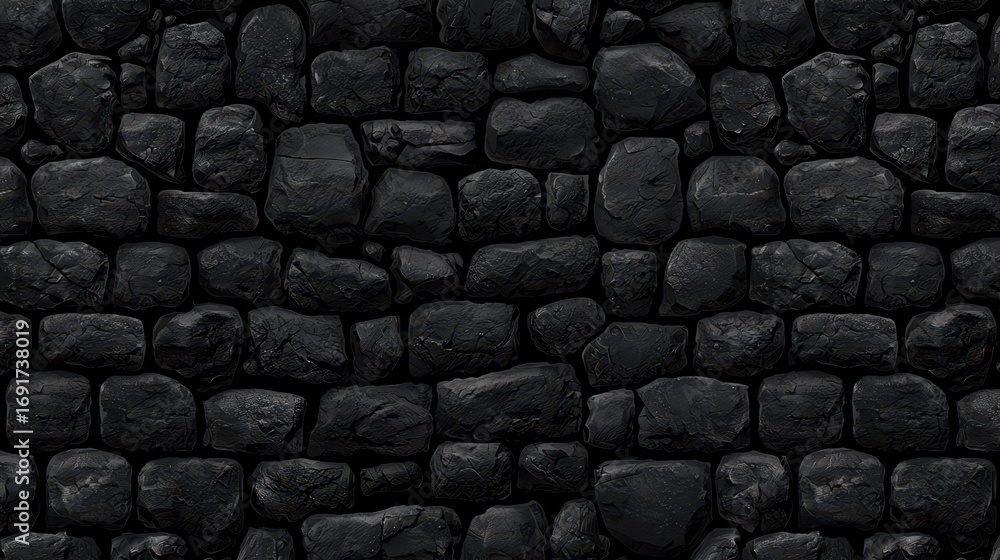 Poster a textured wall made of dark stones, creating a solid and rugged appearance, suitable for various de